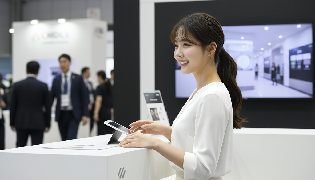 展示会のブース受付でタブレットを操作して来場者を案内する笑顔の女性スタッフ