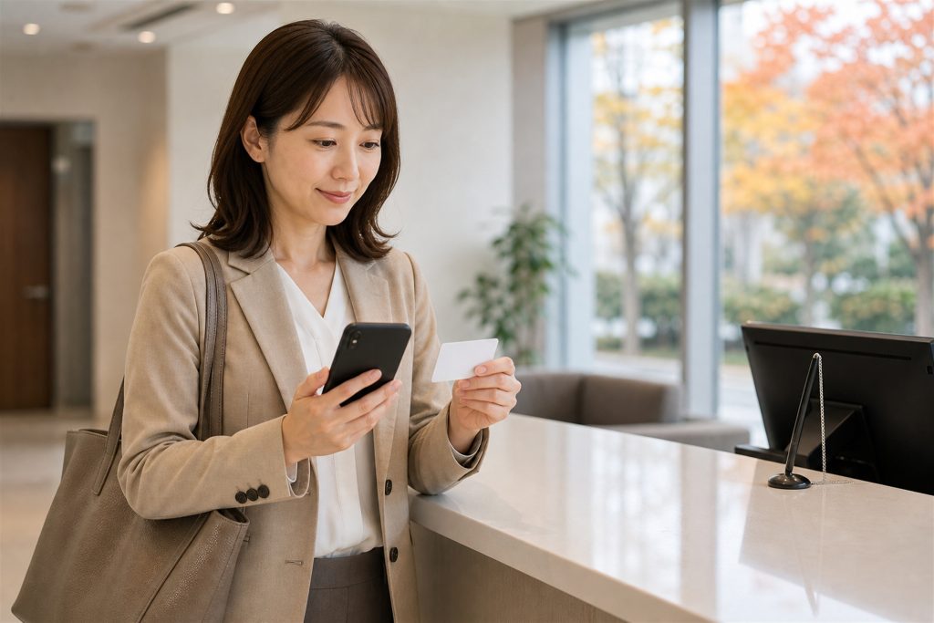 受付カウンターでスマートフォンでスムーズにイベント入場を進める女性