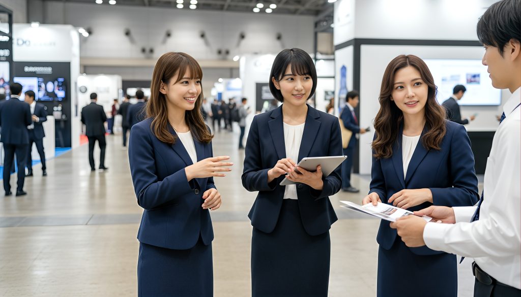 スタッフがタブレットを使いながらスムーズに来場者対応を行う