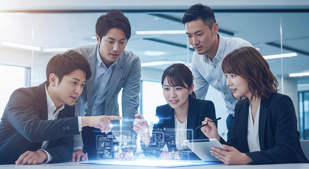 EXPOLINEの専門チームによる伴走支援のもと、システムを活用してイベント運営の属人化を解決し、笑顔でミーティングを行うビジネスパーソン
