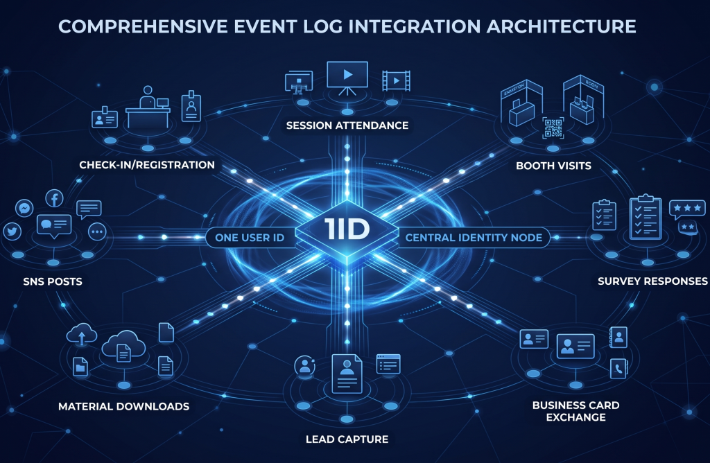 1つのIDを基点にイベント全体の行動ログが統合されていく、スタイリッシュなCGI・図解