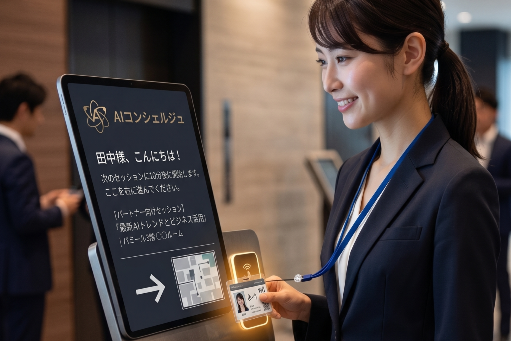 洗練されたオフィスで、タブレット型AIコンシェルジュ端末のリーダーにIDカードをかざす女性