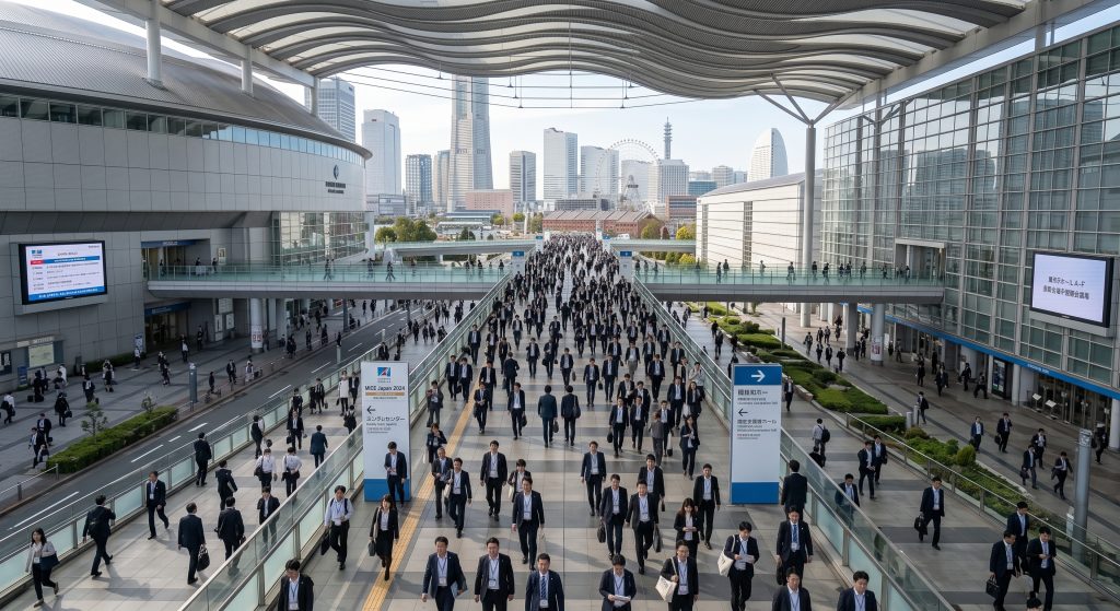 展示会場前通路を行き交う多くのビジネスパーソンと都市の景観
