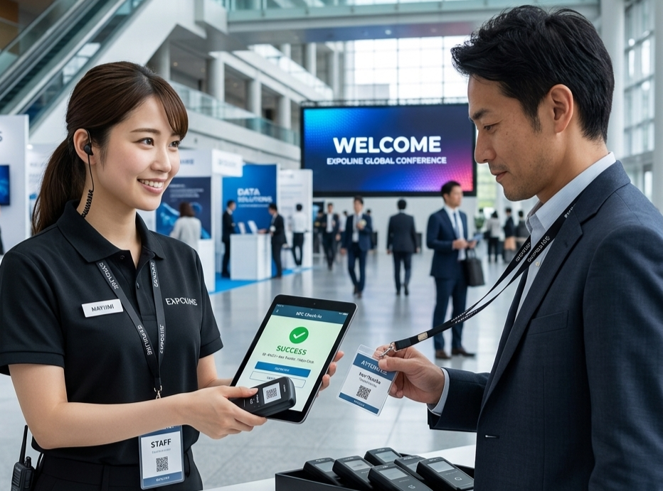 イベント会場でスタッフが来場者のNFCバッジをタブレットで読み取り、1IDデータ統合と現場運営を行う様子
