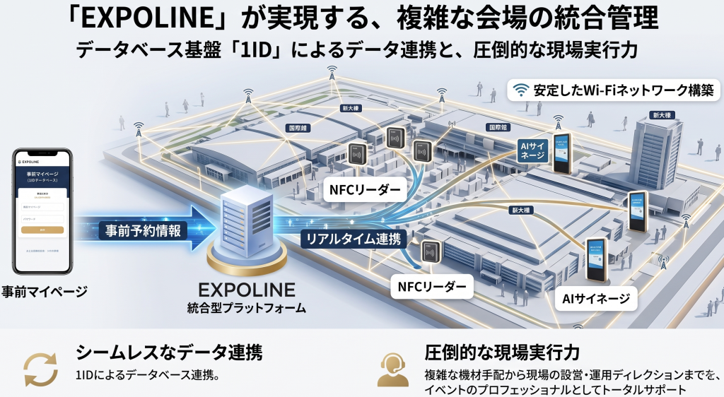イベントプラットフォーム『EXPOLINE』の機能紹介インフォグラフィック。『複雑な会場の統合管理』データベース連携によるリアルタイム連動・現場実行力が特徴