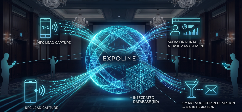 統合型イベントプラットフォーム「EXPOLINE」の先進的なシステム概念図