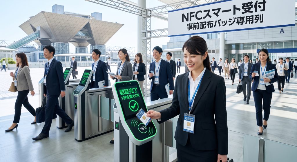 「NFCスマート受付」で、「サッとかざして」認証している様子