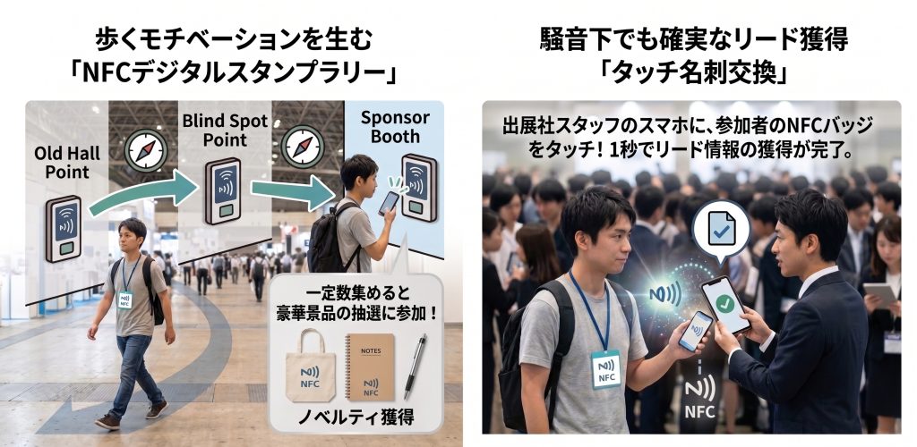 展示会イベントでのNFCデジタルスタンプラリーとタッチ名刺交換の活用例を説明する2パネル画像。左パネルは各ポイントを回るスタンプラリーによるノベルティ獲得、右パネルは人混みでのスマートフォンタッチによる迅速なリード情報取得