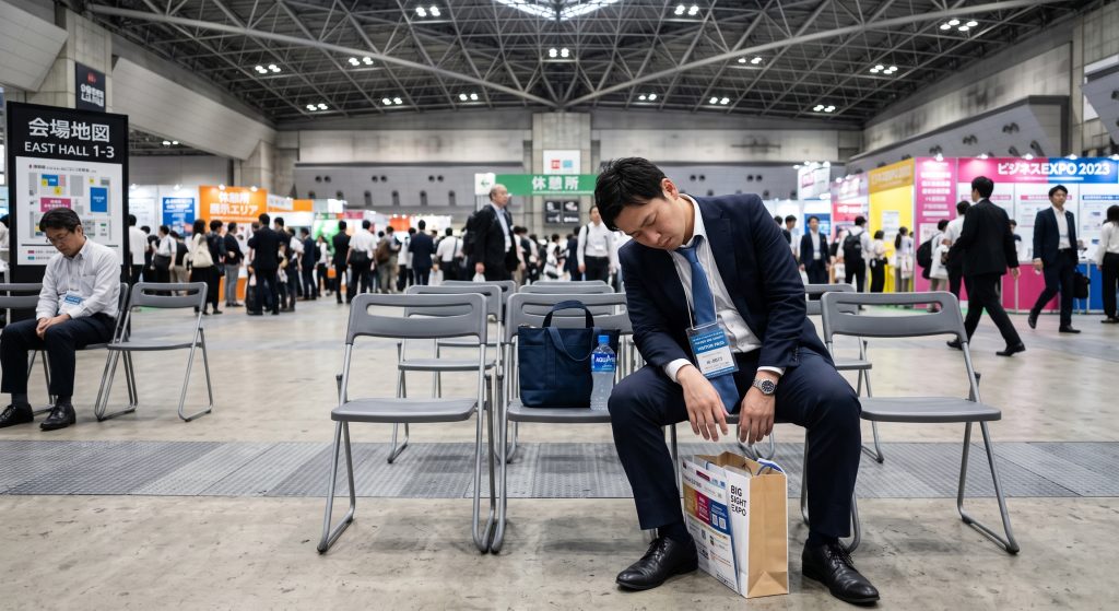大規模展示会場の休憩所で、椅子に座り込んでぐったりしているスーツ姿の男性。